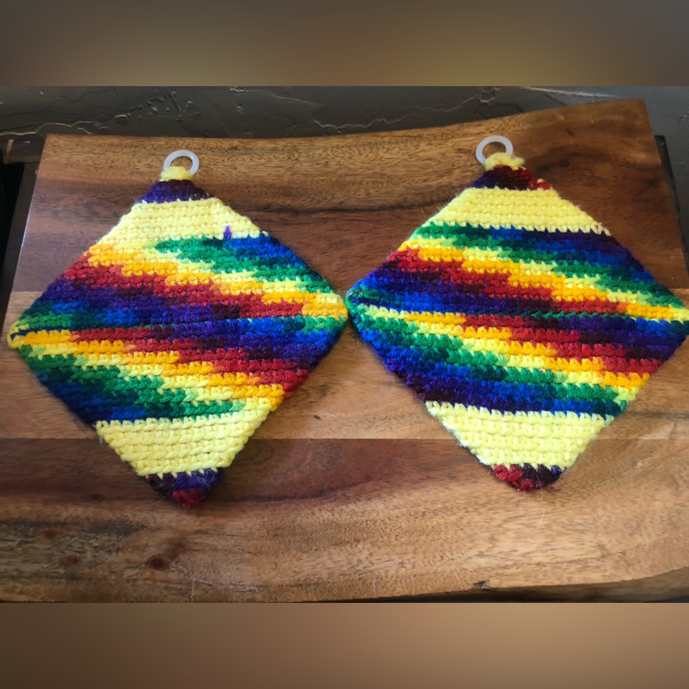 Two hot plate holders, bright and cheery!